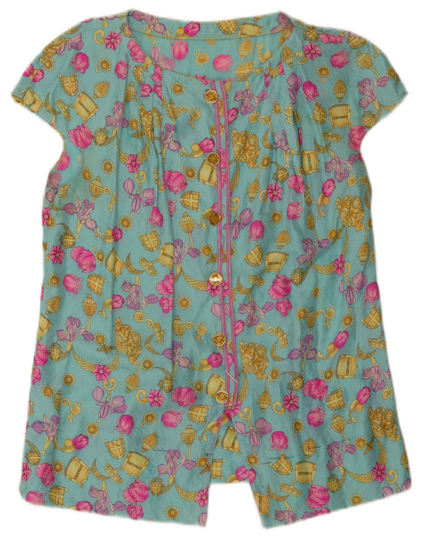Bluzka damska z krótkim rękawem w stylu vintage, UK 10, mała, turkusowa, w kwiaty