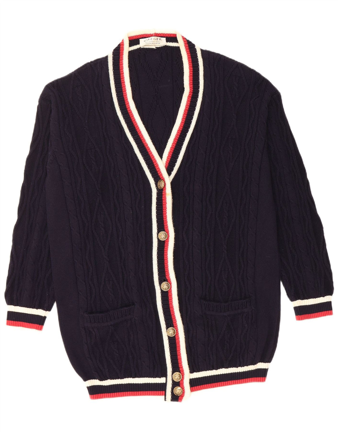 Damski sweter oversize JAEGER UK 10, mały, granatowy, z blokami kolorów