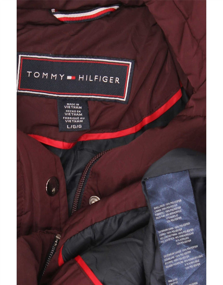 Damska wyściełana kurtka z kapturem Tommy Hilfiger UK 16, duży, bordowy poliester