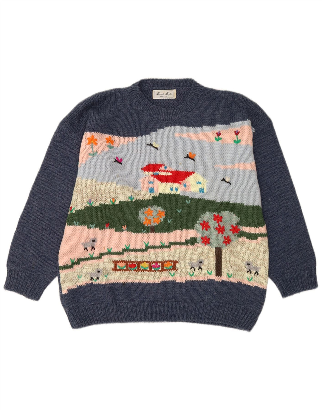 Vintage męski sweter z graficznym wycięciem pod szyją, duży granatowy wełniany