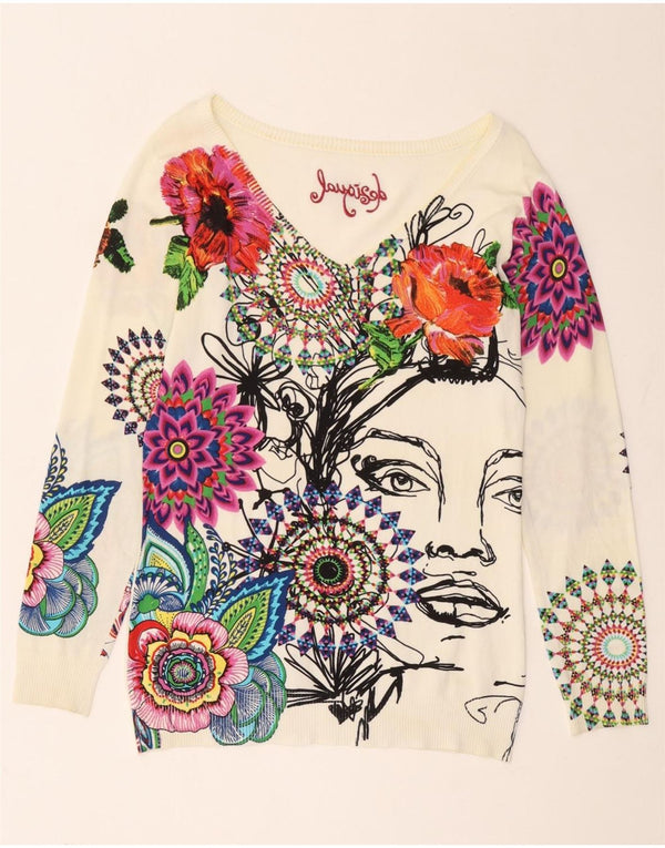 Damski sweter Desigual z graficznym dekoltem w kształcie litery V, UK 14, duży, biały w kwiaty