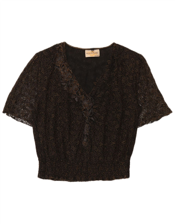 Bluzka damska Vintage Top UK 16, duża czarna w kwiaty