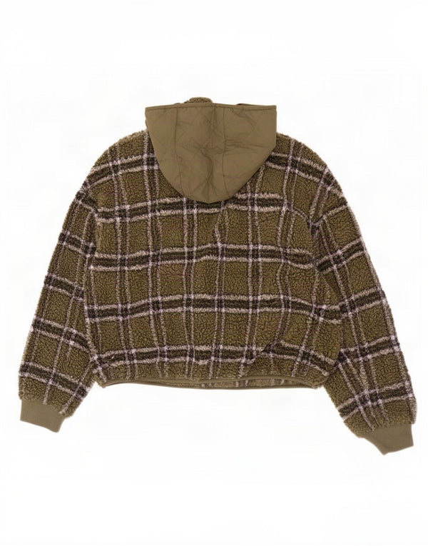 Zara Womens Oversized Zip Neck Hooded Fleece Jumper UK 16 Large Khaki Check