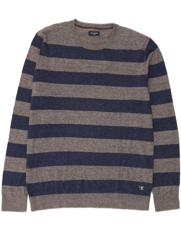 JACK & JONES Męski sweter z okrągłym dekoltem XL, szary, bawełniany w paski