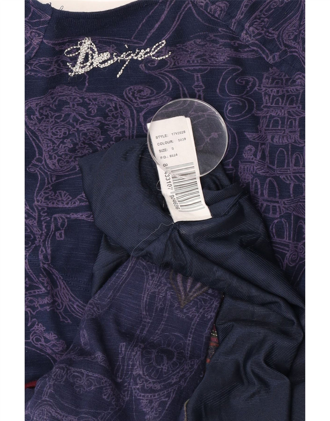 Desigual damska sukienka z abstrakcyjnym wzorem i obniżoną talią UK 8, mała, granatowa