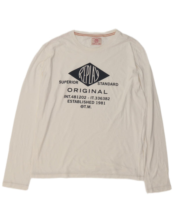 Męski graficzny top REPLAY z długim rękawem, duży, biały, bawełniany