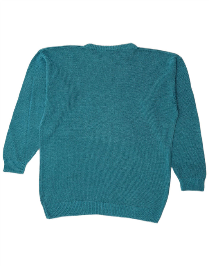 Vintage damski sweter z grafiką, oversize, z dekoltem w łódkę, UK 14, średni niebieski