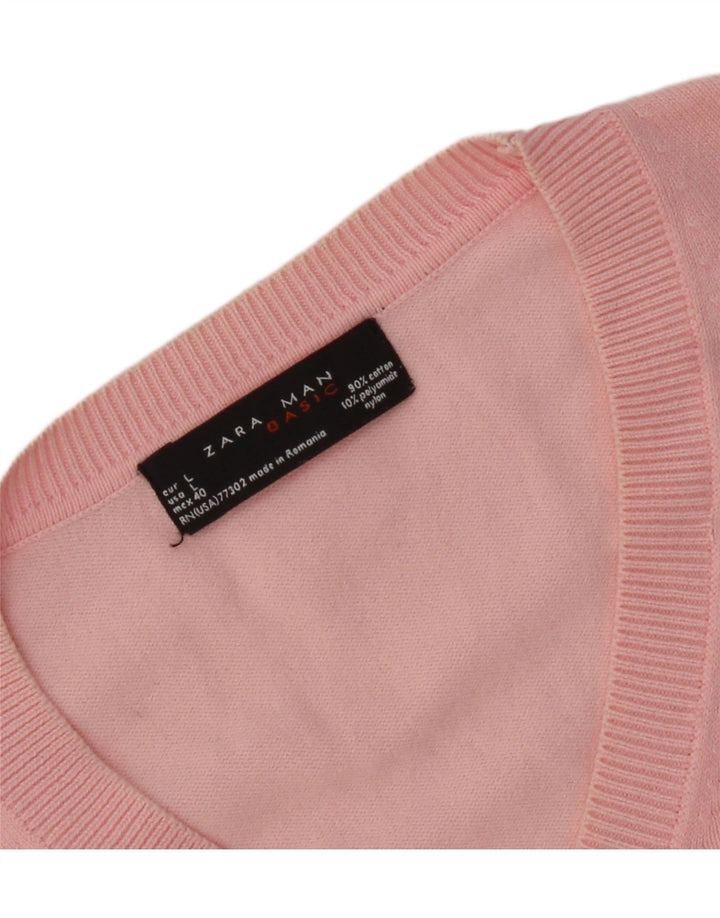 Męski sweter Zara z dekoltem w kształcie litery V, duży, różowy, wykonany z tkaniny argyle/diamentowej bawełny