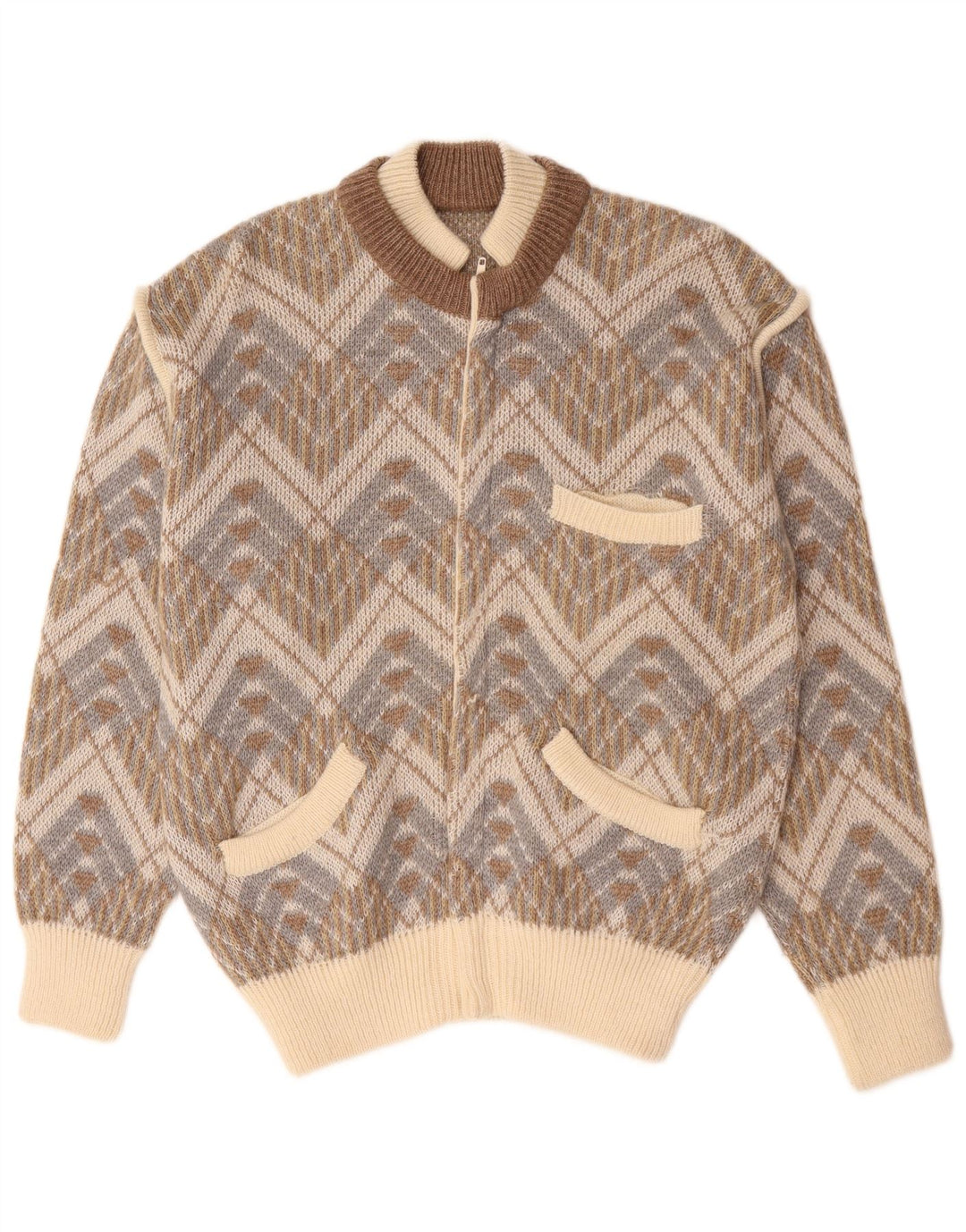 Sweter męski w stylu vintage, duży, beżowy, geometryczny