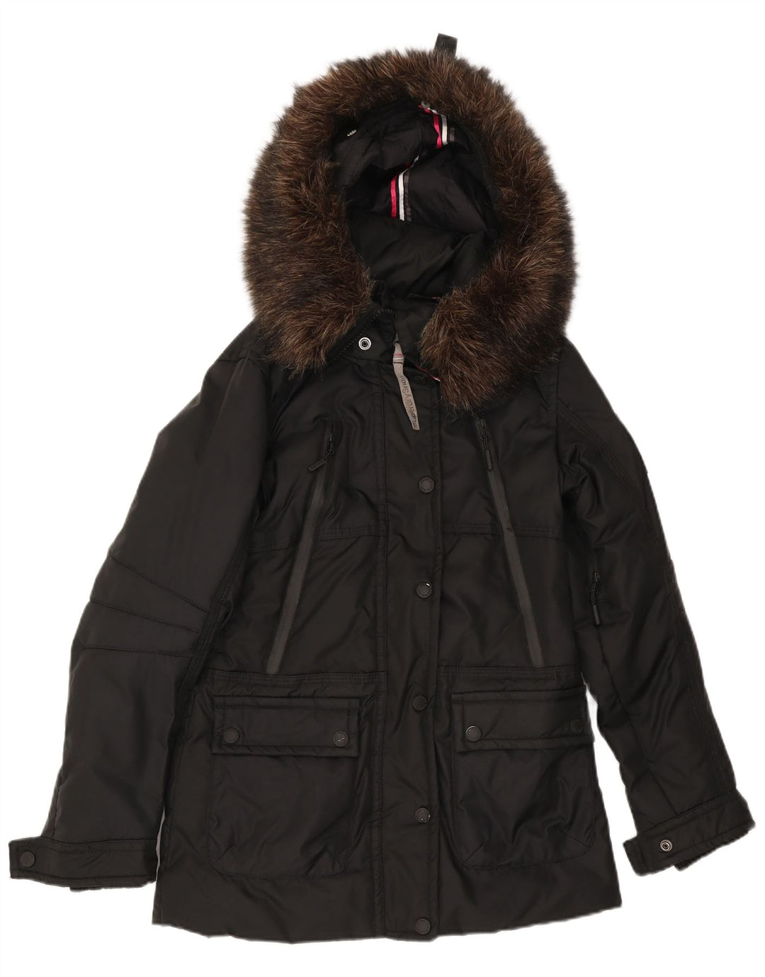 Damska wyściełana kurtka z kapturem i grafiką Superdry UK 10, mała, czarna nylonowa