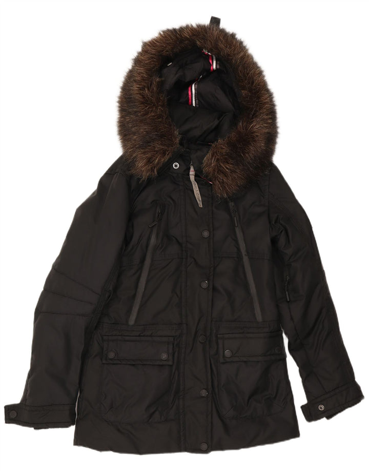 Damska wyściełana kurtka z kapturem i grafiką Superdry UK 10, mała, czarna nylonowa