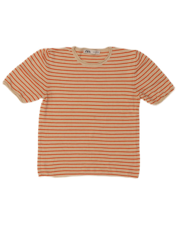 Damski T-shirt Zara Crop Top UK 12 Średni Beżowy Wiskoza w Paski