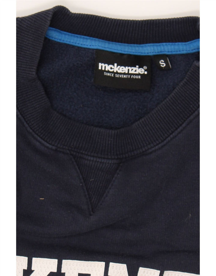 MCKENZIE Mens Graphic Sweatshirt Jumper Small Navy Blue Vintage Mckenzie and Second-Hand Mckenzie from Messina Hembry 
