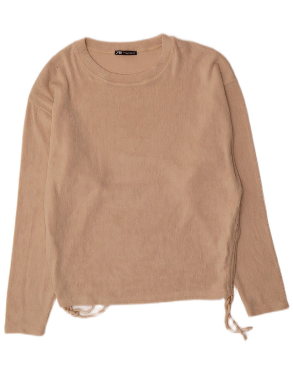 Zara Womens Velour Boat Neck Jumper Sweater UK 16 Large Beige Polyester