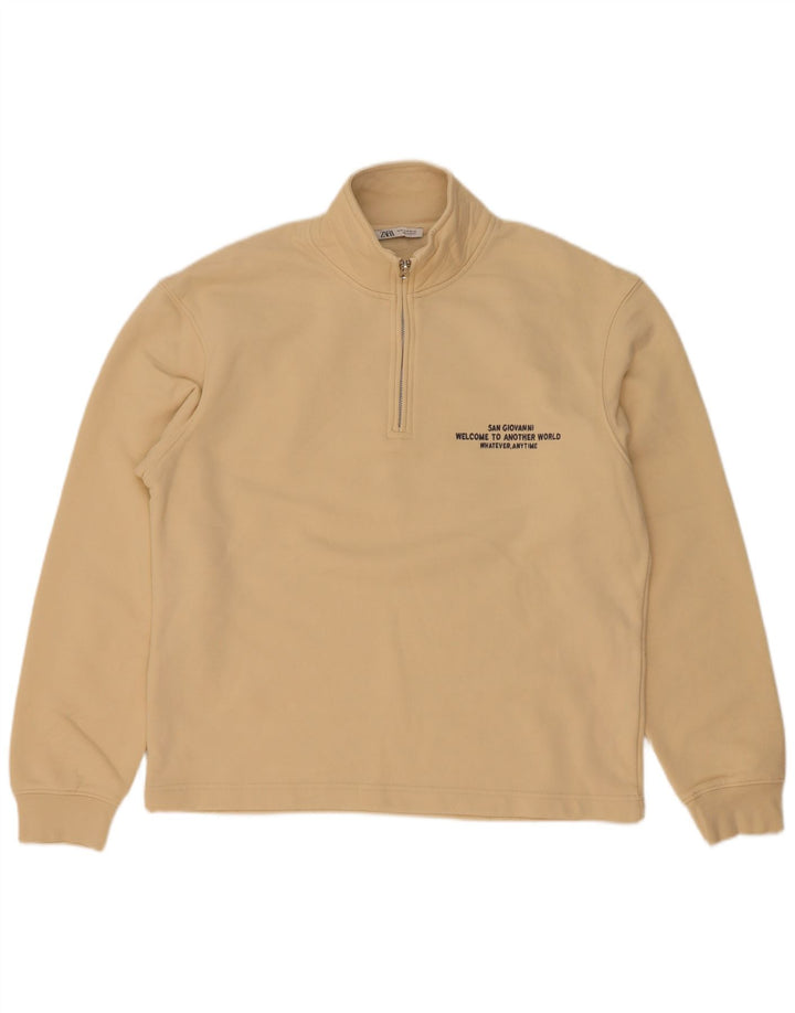 Męska bluza Zara z grafiką i zamkiem błyskawicznym, średnio beżowa, bawełniana