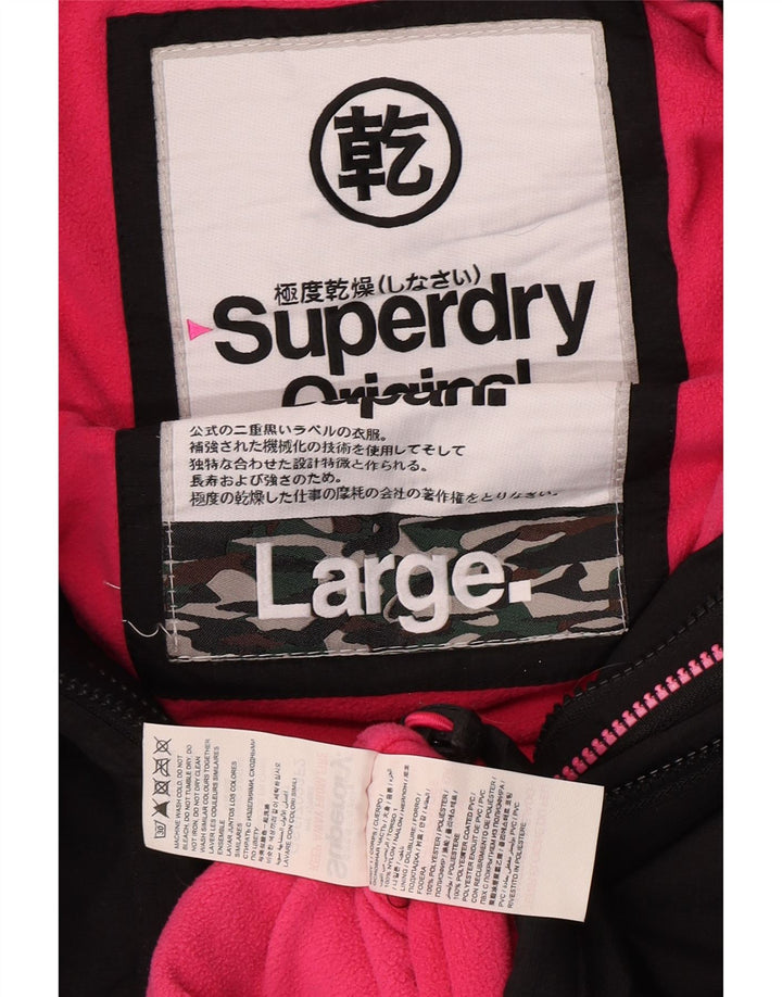 Damska kurtka wiatrówka z kapturem Superdry UK 16, duża, czarna nylonowa