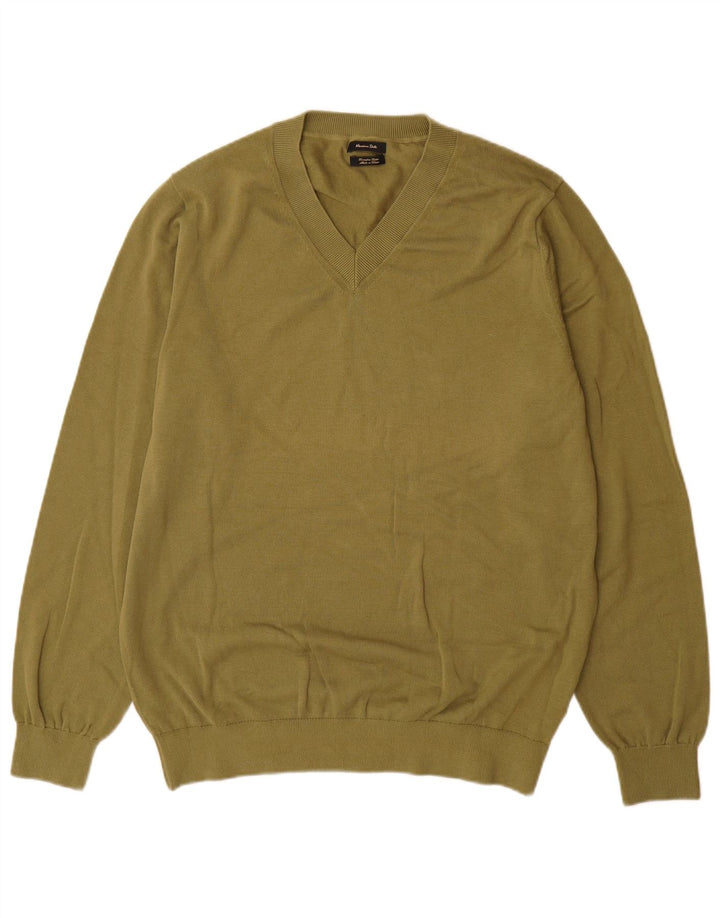 Męski sweter Massimo Dutti z dekoltem w kształcie litery V, duży, bawełniany khaki