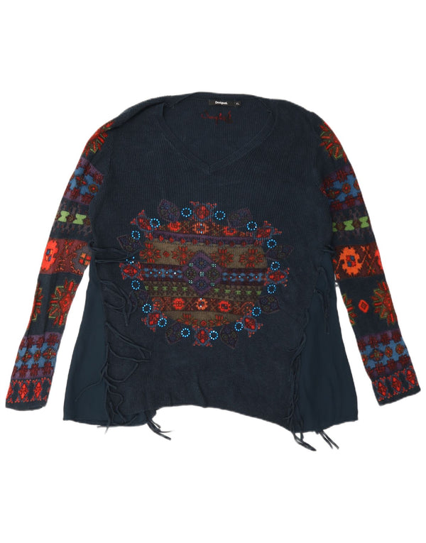 Damski sweter Desigual z graficznym dekoltem w kształcie litery V, UK 18 XL, granatowy w kwiaty