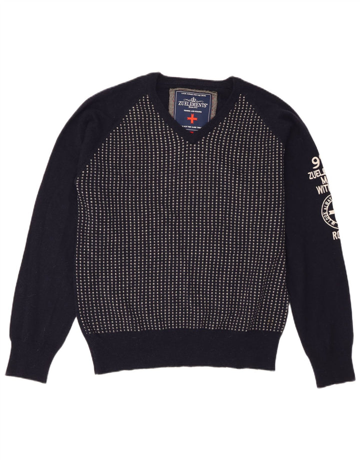 Męski sweter Zu Elements z graficznym dekoltem w kształcie litery V XL, granatowy, z geometrycznej wełny