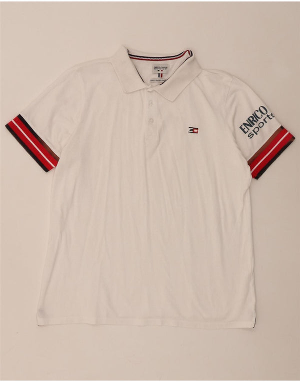 Męska koszulka polo Enrico Coveri z grafiką 2XL, biała, bawełniana w bloki kolorów