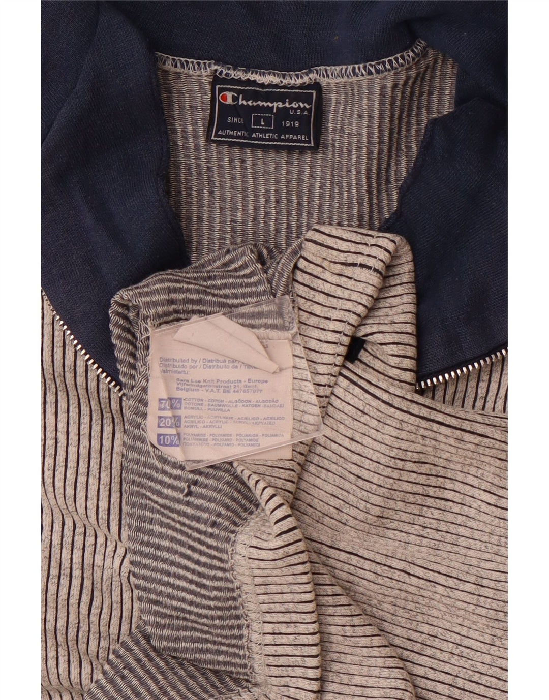 Męski T-shirt CHAMPION z zamkiem błyskawicznym, duży, szary, bawełniany w prążki