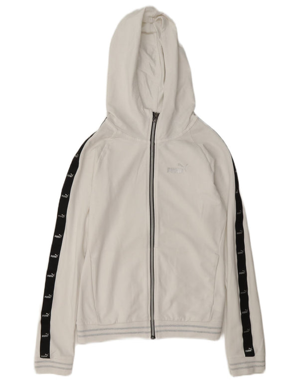 Damski sweter Puma z grafiką i zamkiem błyskawicznym, UK 10, mały, biały, bawełniany z blokami kolorów