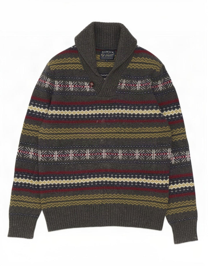 Howick Męski sweter z szalowym dekoltem Średni szary Fair Isle Lambswool