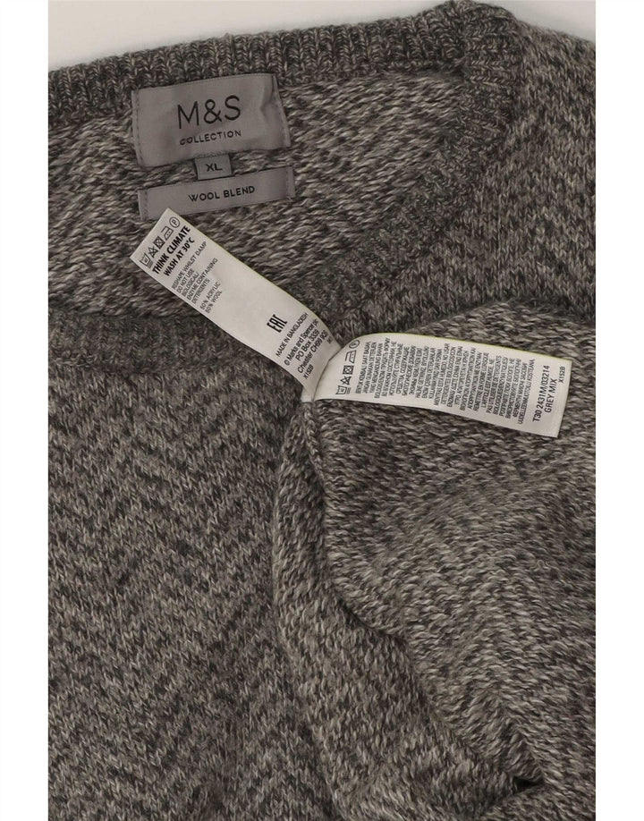 Marks & Spencer Męski sweter z okrągłym dekoltem XL, szara wełna w jodełkę