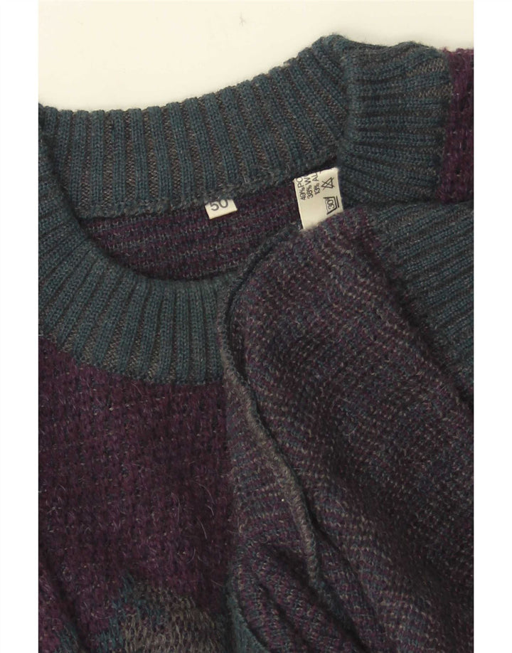 Męski sweter z okrągłym dekoltem w stylu vintage IT 50 Średni fioletowy geometryczny