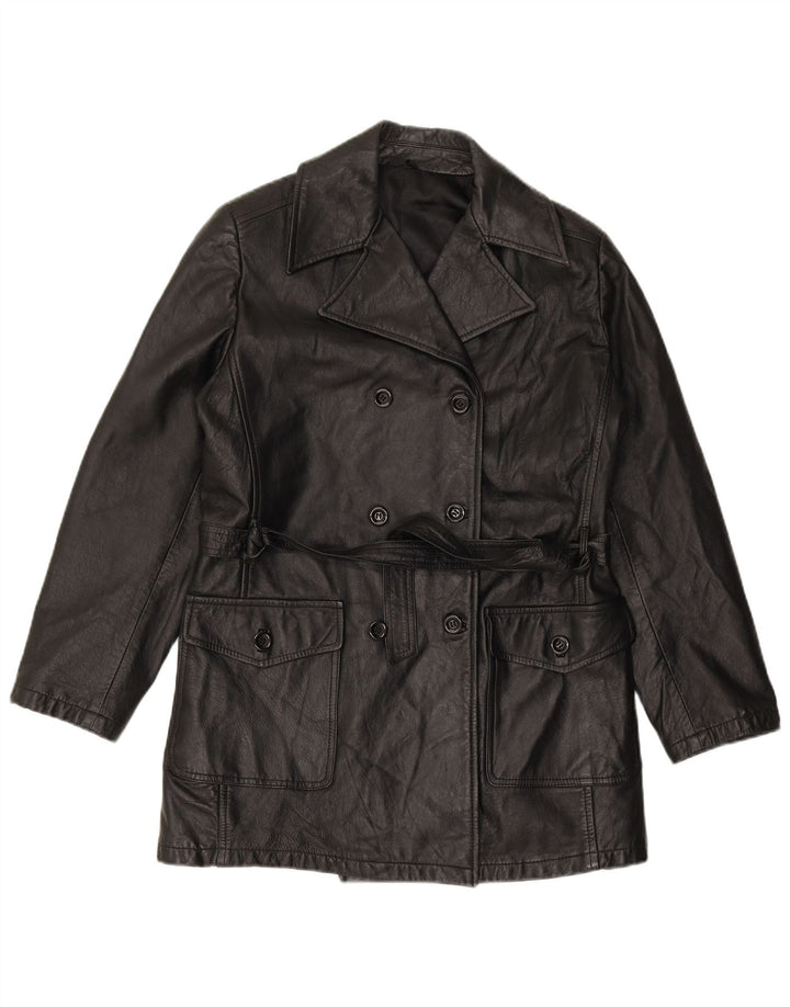 VINTAGE damski płaszcz skórzany z podwójnymi piersiami IT 44, średnia czarna skóra