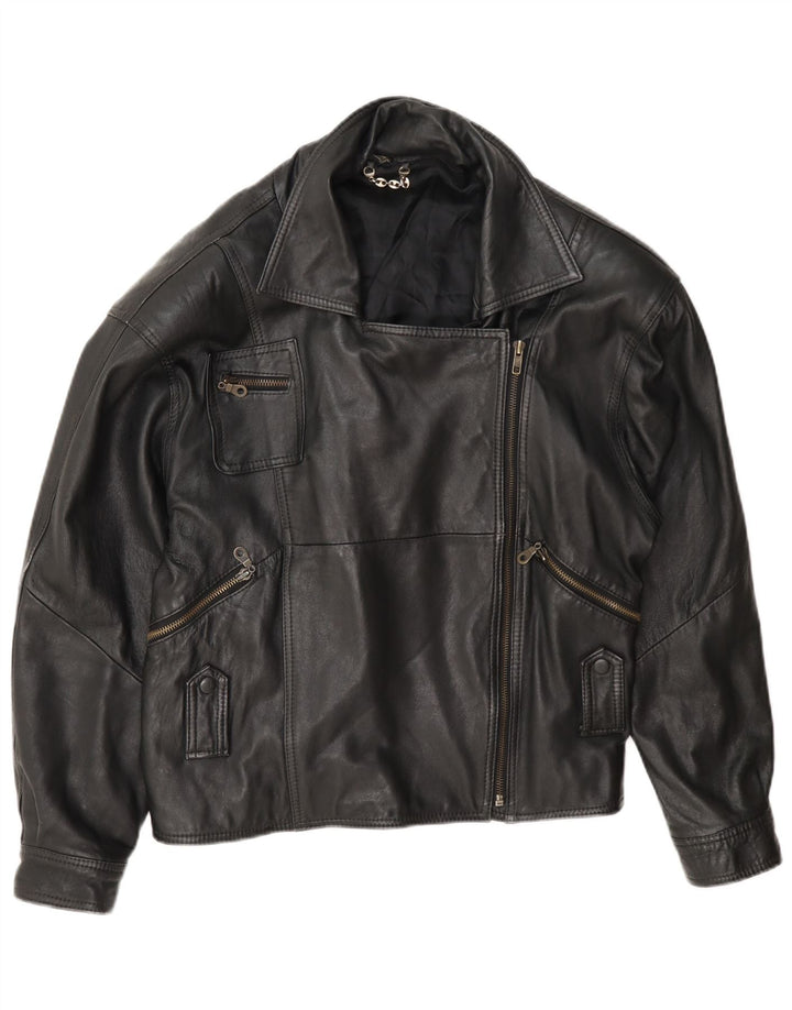 Vintage damska, oversize'owa skórzana kurtka motocyklowa UK 10, mała czarna
