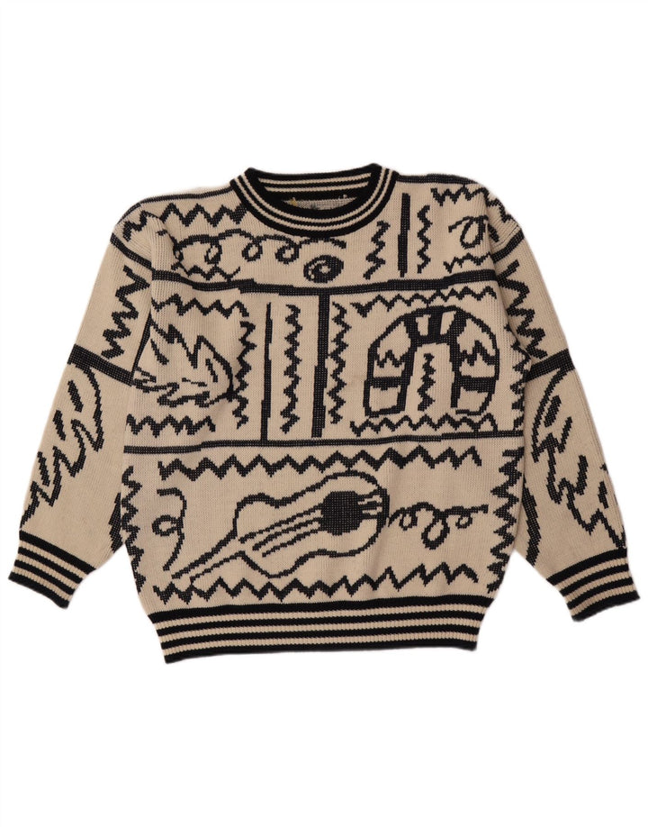 Vintage męski sweter z abstrakcyjnym wzorem i okrągłym dekoltem, duży beżowy