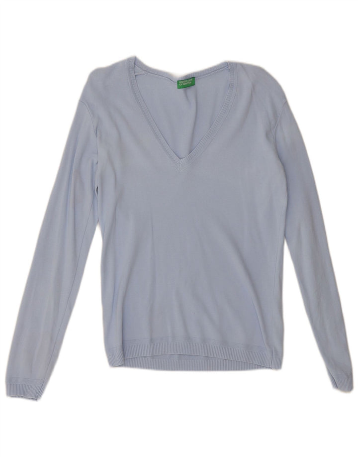 Sweter damski Benetton z dekoltem w kształcie litery V, UK 12, średni niebieski, bawełniany