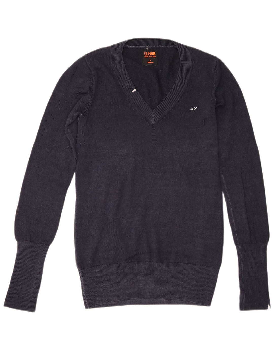 Damski sweter Sun68 z dekoltem w kształcie litery V, UK 16, duży, granatowy, wełniany