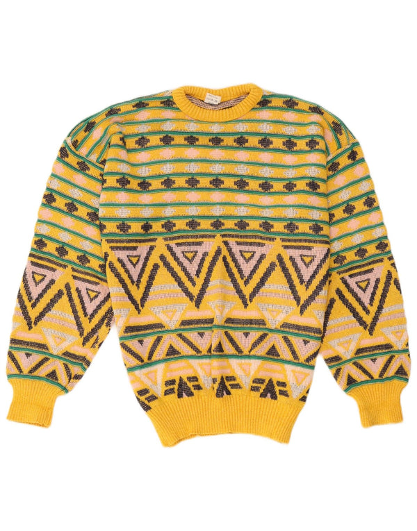 Vintage męski sweter z okrągłym dekoltem, średniożółta, geometryczna bawełna