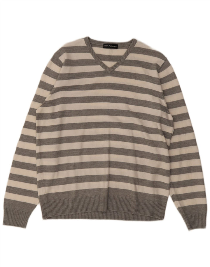 Marks & Spencer Męski sweter z dekoltem w kształcie litery V, z autografem, w średnie szare paski