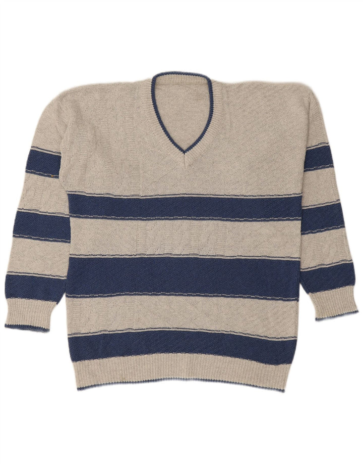 Męski sweter VINTAGE z dekoltem w kształcie litery V, duże, szare paski