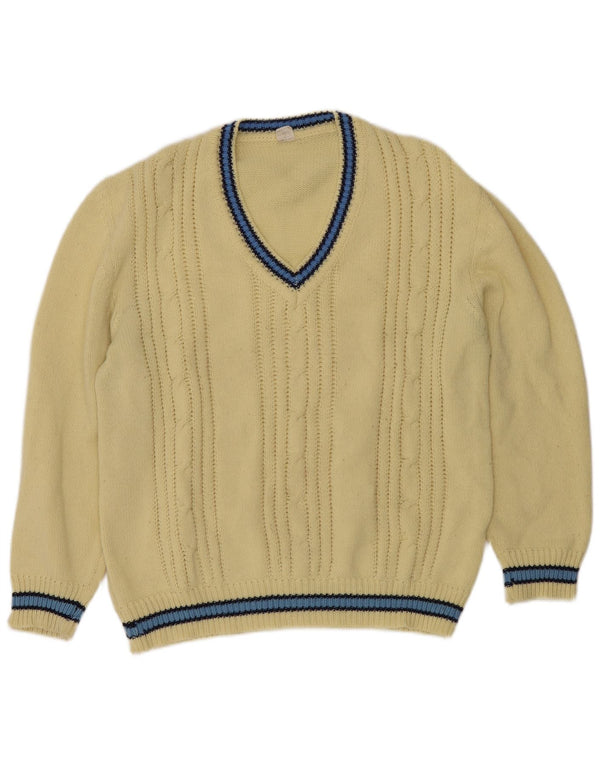 Vintage męski sweter z dekoltem w kształcie litery V, duży, akrylowy, w żółte paski