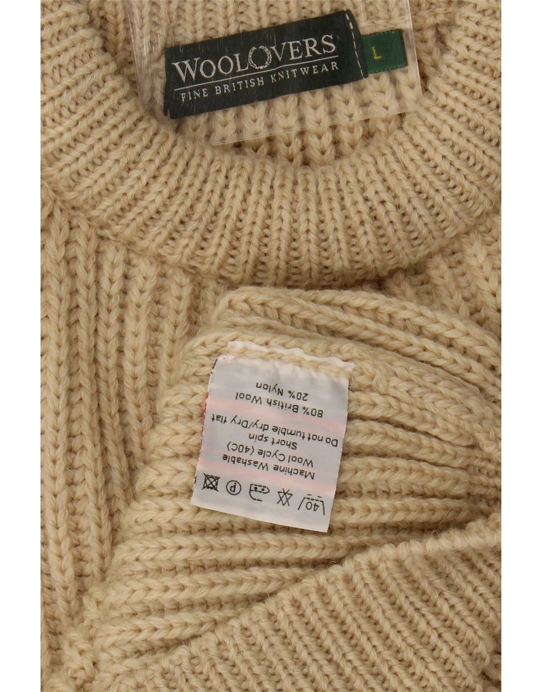 Damski sweter WoolOvers z okrągłym dekoltem UK 16, duża beżowa wełna