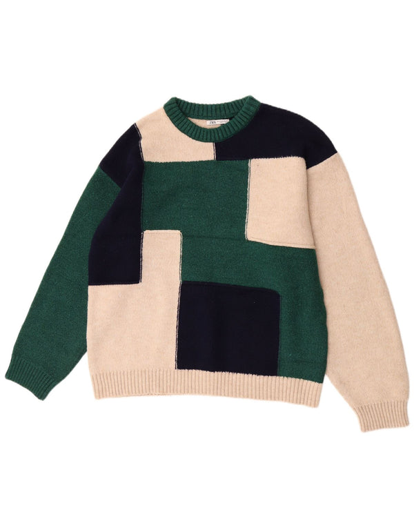 Męski sweter Zara z dekoltem w łódkę XL, zielony, akrylowy, z blokami kolorów