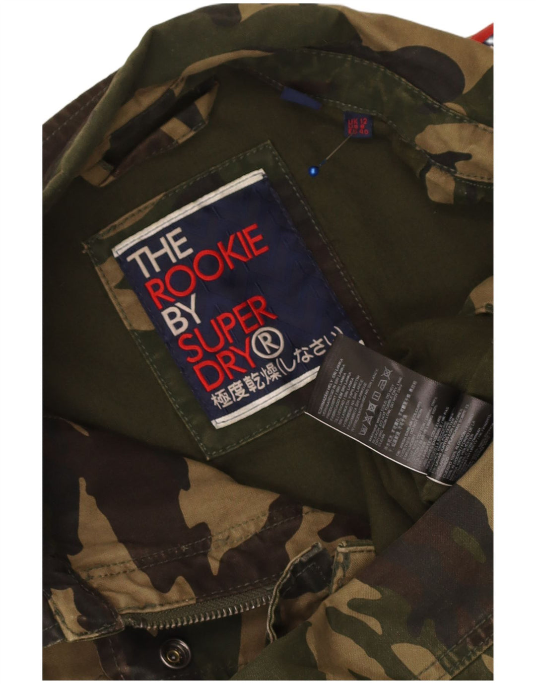 Damska kurtka wojskowa Superdry z grafiką UK 12, średni kamuflaż khaki