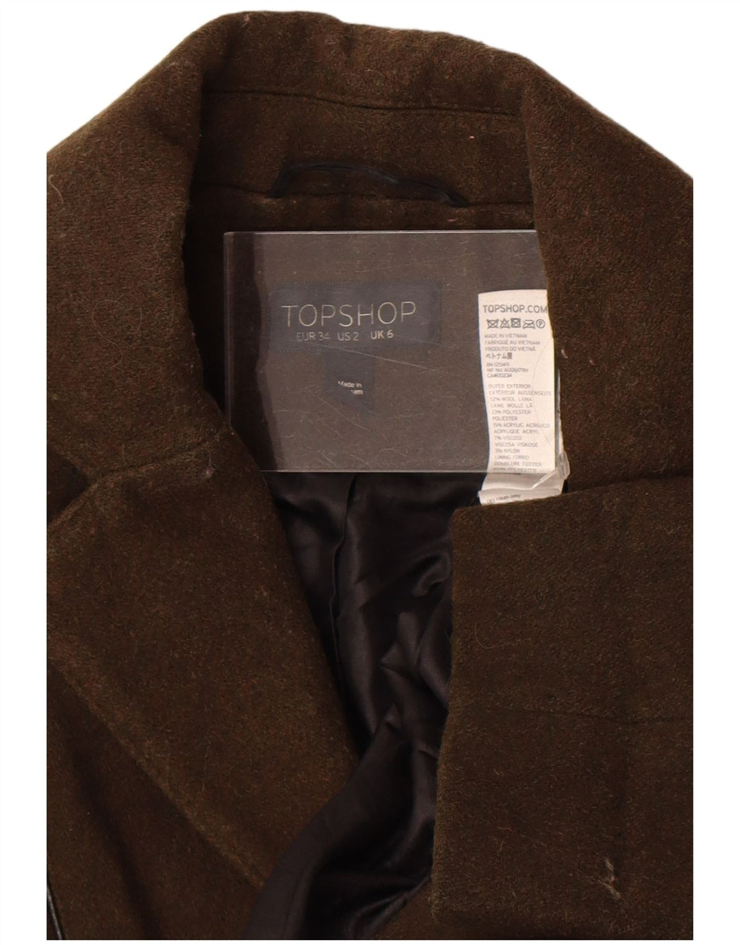 Topshop Płaszcz damski UK 6 XS, wełna khaki