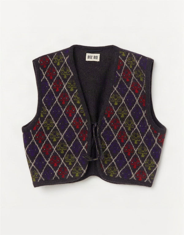 Vintage męska kamizelka o kroju Crop Knit UK 14, duża, wielobarwna tkanina argyle/diament