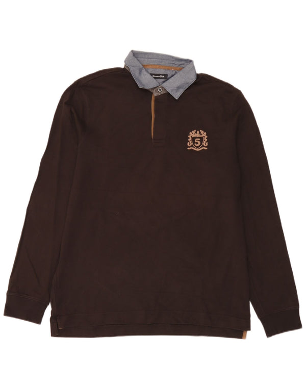 Męska koszulka polo do rugby Massimo Dutti z długim rękawem, XL, brązowa, bawełniana w bloki kolorów