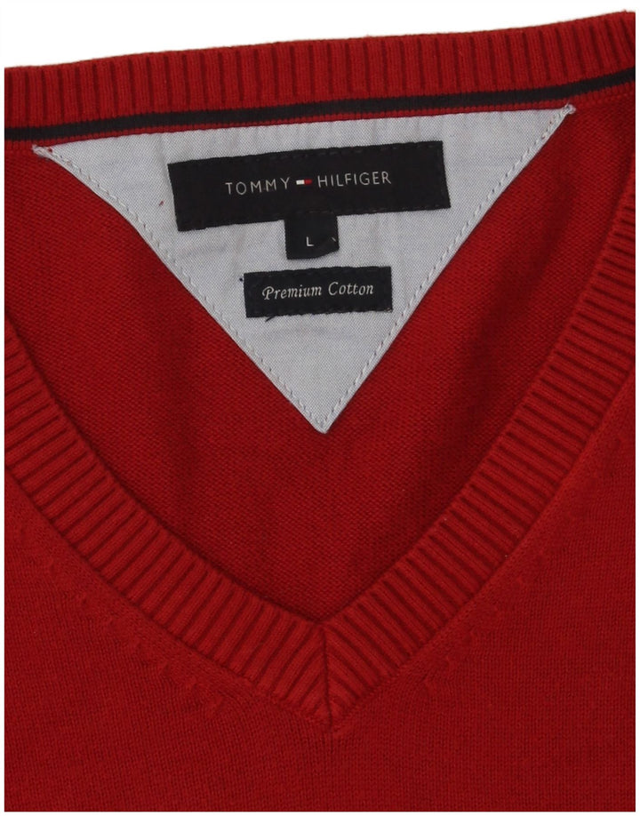Męski sweter Tommy Hilfiger z dekoltem w kształcie litery V, duży, czerwony, bawełniany