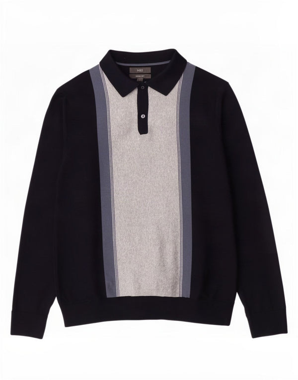 Marks & Spencer Męski sweter polo z kołnierzem, duży, granatowy, z blokami kolorów