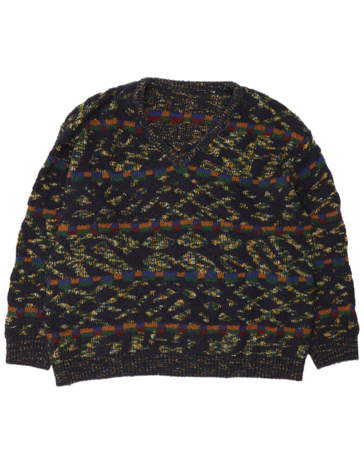Vintage męski sweter z dekoltem w kształcie litery V, XL, wielobarwna, geometryczna wełna