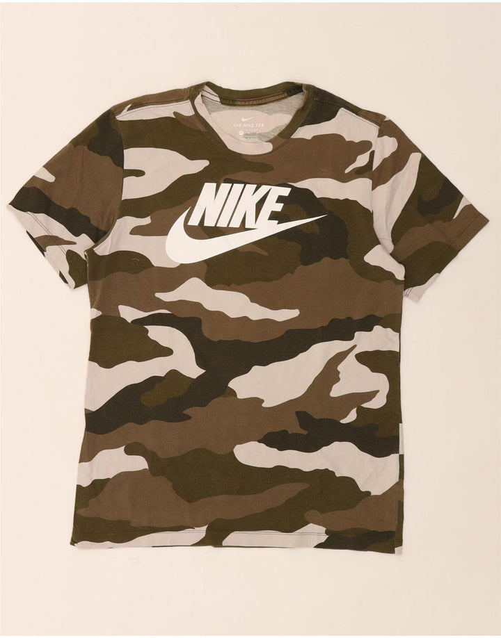 Męski T-shirt z grafiką NIKE, bawełniany kamuflaż, średni khaki