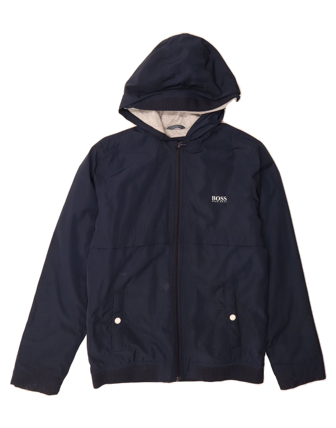 HUGO BOSS Boys Hooded Windbreaker Jacket 13-14 Years Small Navy Blue Vintage Hugo Boss and Second-Hand Hugo Boss from Messina Hembry 