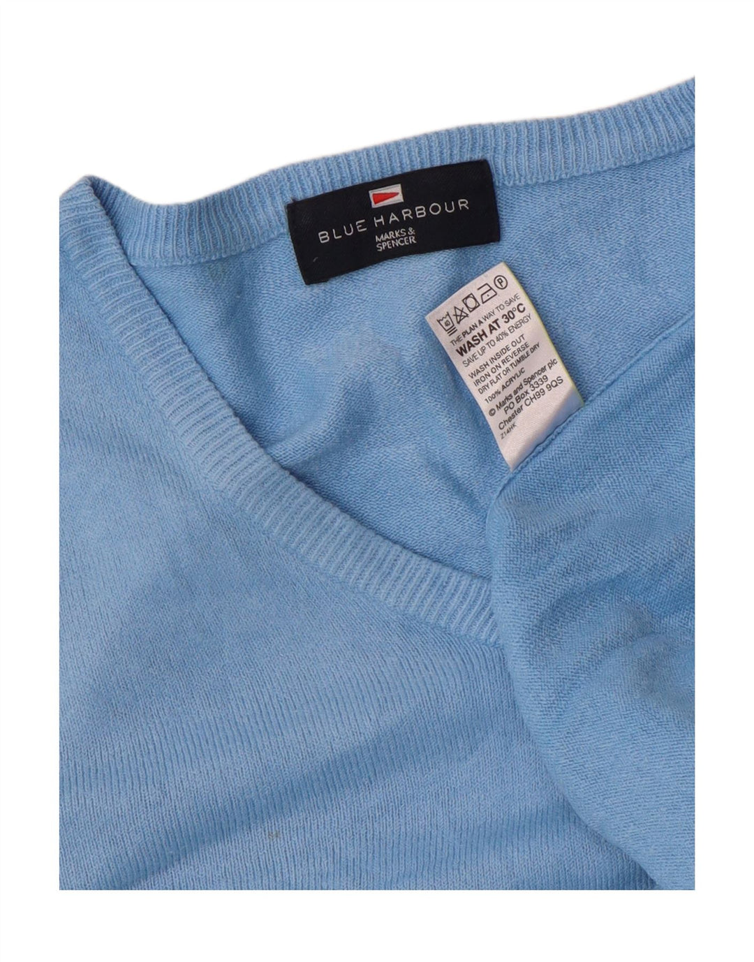 Marks & Spencer Męski sweter w kolorze niebieskim z dekoltem w kształcie litery V, duży, akrylowy